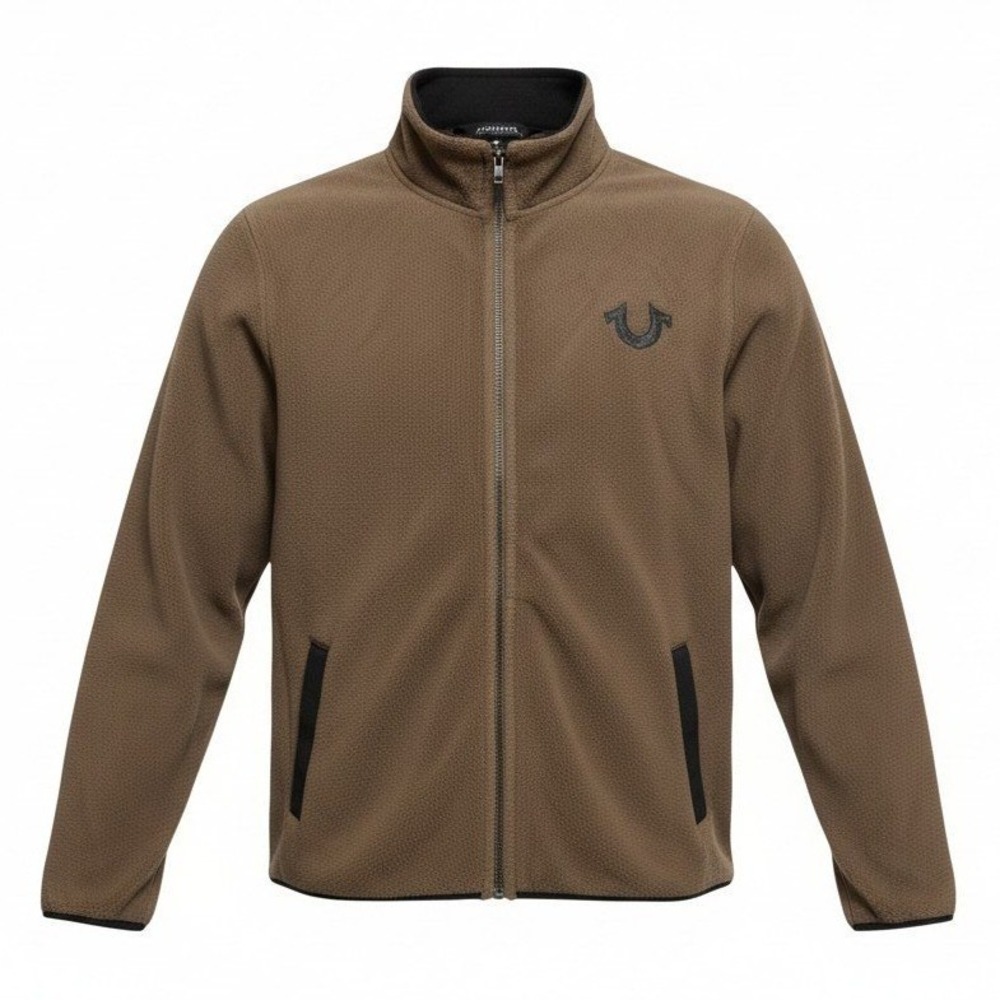 NWT True Religion Mens Shitake‎ Brown Fleece Zip Up Jacket Logo Pockets Size L